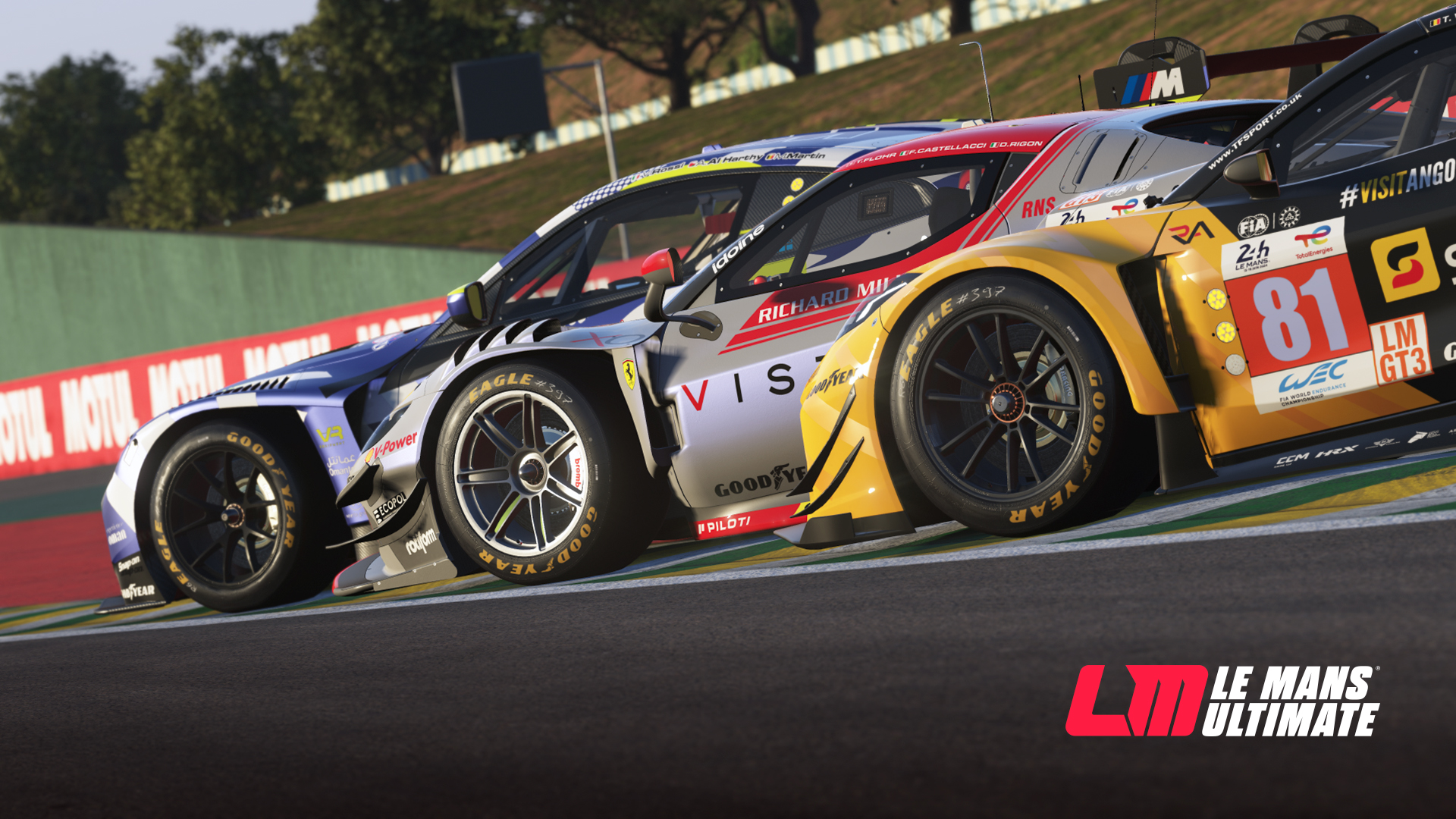 A Corvette Z06 LMGT3.R sits alongside a BMW M4 LMGT3 and a Ferrari 296 LMGT3 at Interlagos Circuit